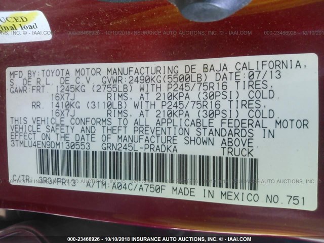 3TMLU4EN9DM130553 - 2013 TOYOTA TACOMA DOUBLE CAB 红色 照片 9