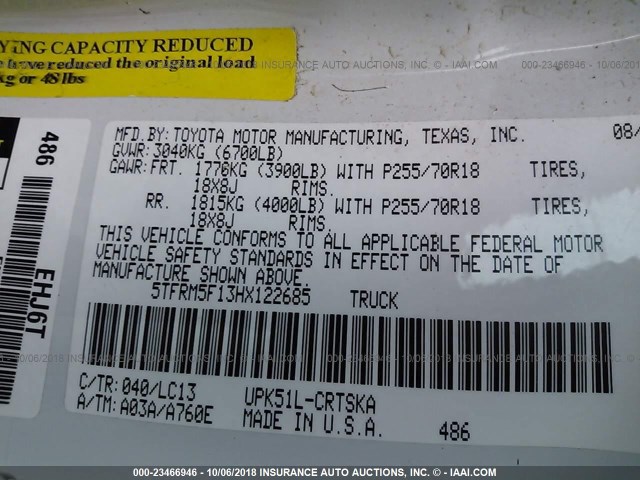 5TFRM5F13HX122685 - 2017 TOYOTA TUNDRA DOUBLE CAB SR/SR5 WHITE photo 9