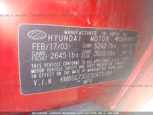 KM8SC73D23U473169 - 2003 HYUNDAI SANTA FE RED photo 9