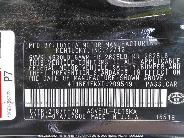 4T1BF1FKXDU209519 - 2013 TOYOTA CAMRY L/SE/LE/XLE შავი ფოტო 9