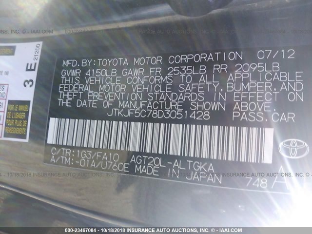 JTKJF5C78D3051428 - 2013 TOYOTA SCION TC GRAY photo 9
