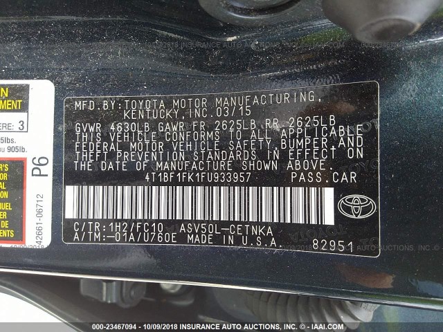 4T1BF1FK1FU933957 - 2015 TOYOTA CAMRY LE/XLE/SE/XSE Dark Blue photo 9