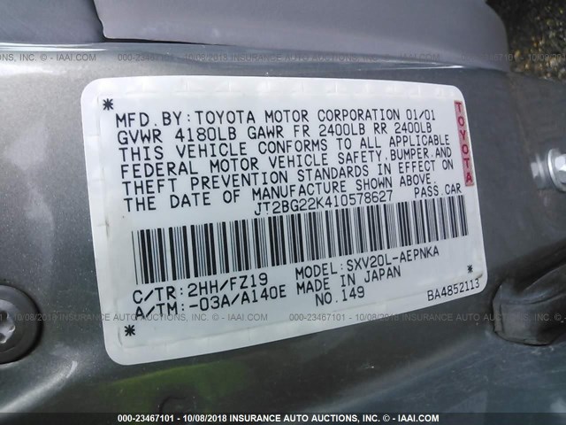 JT2BG22K410578627 - 2001 TOYOTA CAMRY CE/LE/XLE 灰色 照片 9