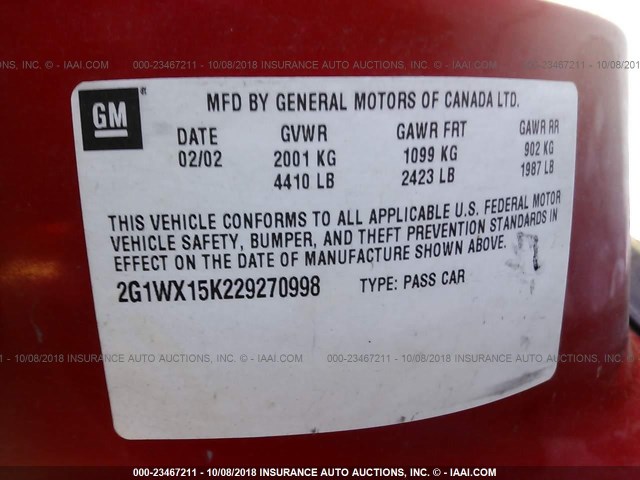 2G1WX15K229270998 - 2002 CHEVROLET MONTE CARLO SS RED photo 9