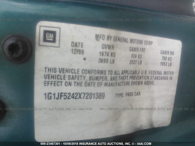 1G1JF5242X7201389 - 1999 CHEVROLET CAVALIER LS GREEN photo 9