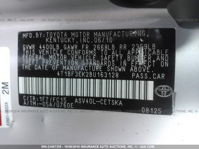 4T1BF3EK2BU163128 - 2011 TOYOTA CAMRY SE/LE/XLE 银色 照片 9