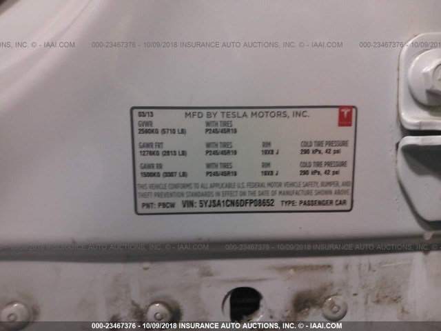 5YJSA1CN6DFP08652 - 2013 TESLA MODEL S Սպիտակ լուսանկար 9