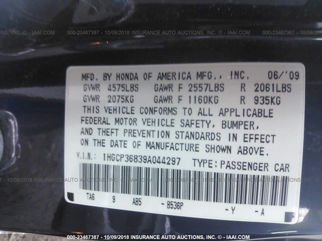 1HGCP36839A044297 - 2009 HONDA ACCORD EXL BLUE photo 9