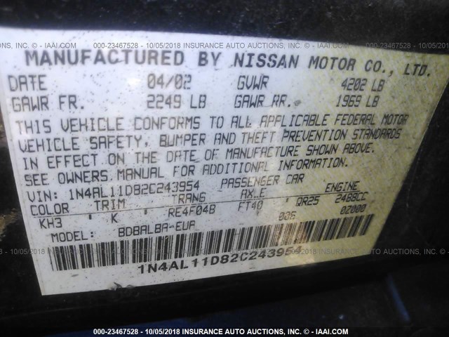 1N4AL11D82C243954 - 2002 NISSAN ALTIMA S/SL BLACK photo 9