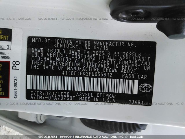 4T1BF1FK3FU055612 - 2015 TOYOTA CAMRY LE/XLE/SE/XSE 白色 照片 9