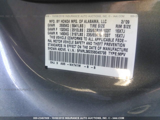 5FNRL38229B045798 - 2009 HONDA ODYSSEY LX GRAY photo 9