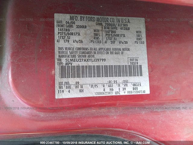 5LMEU27AXYLJ39799 - 2000 LINCOLN NAVIGATOR Rot Foto 9