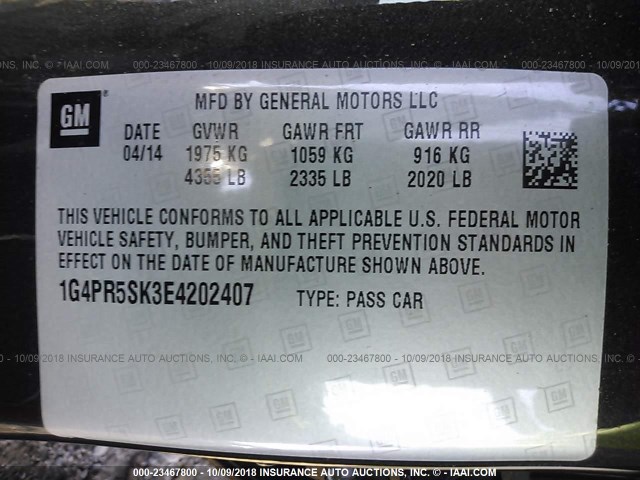 1G4PR5SK3E4202407 - 2014 BUICK VERANO CONVENIENCE GRAY photo 9