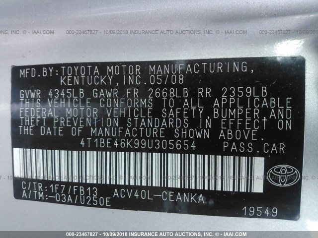 4T1BE46K99U305654 - 2009 TOYOTA CAMRY SE/LE/XLE SILVER photo 9
