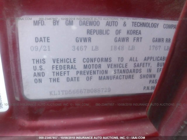 KL1TD56667B088729 - 2007 CHEVROLET AVEO LS RED photo 9