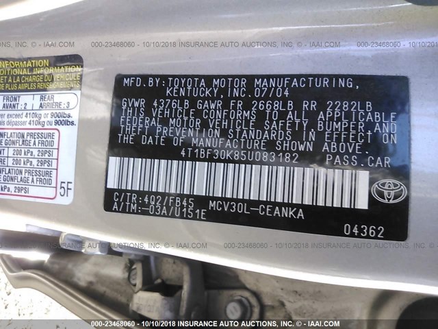 4T1BF30K85U083182 - 2005 TOYOTA CAMRY LE/XLE/SE GOLD photo 9