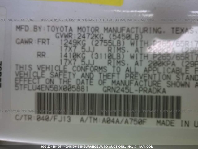 5TFLU4EN5BX005881 - 2011 TOYOTA TACOMA DOUBLE CAB 白色 照片 9