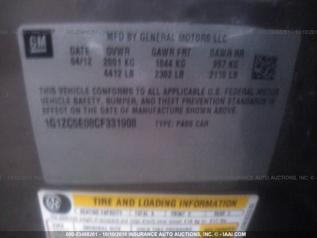 1G1ZC5E08CF331908 - 2012 CHEVROLET MALIBU 1LT BROWN photo 9