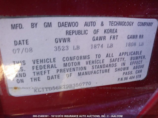 KL1TD56E79B350770 - 2009 CHEVROLET AVEO LS/LT Қызыл фото 9