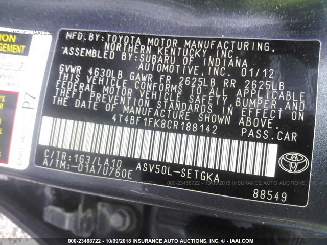 4T4BF1FK8CR188142 - 2012 TOYOTA CAMRY SE/LE/XLE GRAY photo 9