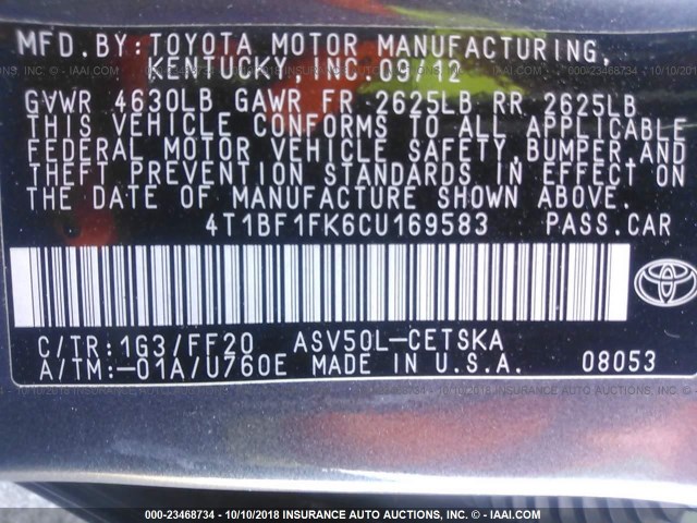 4T1BF1FK6CU169583 - 2012 TOYOTA CAMRY SE/LE/XLE ნაცრისფერი ფოტო 9