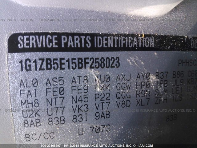 1G1ZB5E15BF258023 - 2011 CHEVROLET MALIBU LS 灰色 照片 9