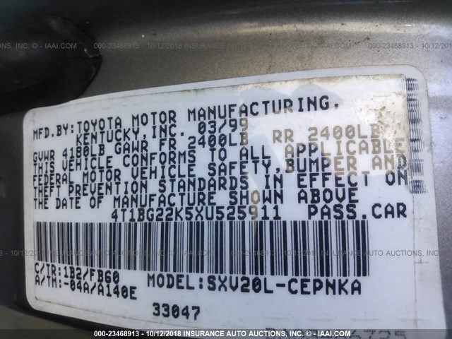 4T1BG22K5XU525911 - 1999 TOYOTA CAMRY CE/LE/XLE 棕色 照片 9