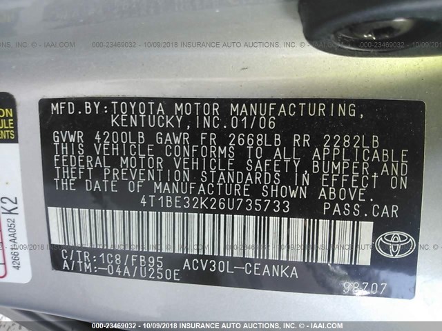 4T1BE32K26U735733 - 2006 TOYOTA CAMRY LE/XLE/SE 银色 照片 9