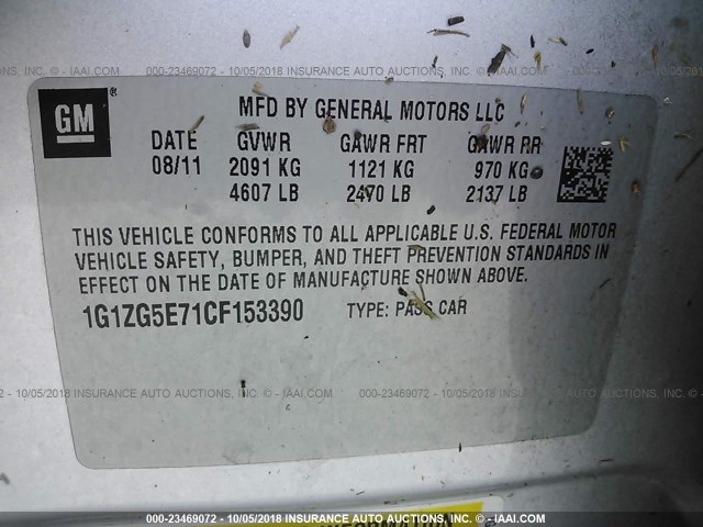 1G1ZG5E71CF153390 - 2012 CHEVROLET MALIBU LTZ 银色 照片 9