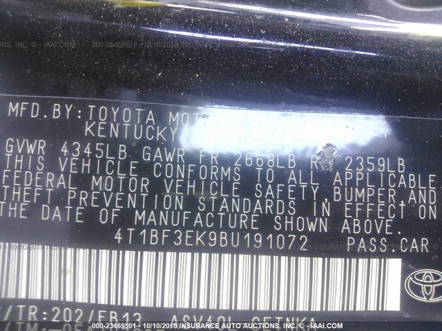 4T1BF3EK9BU191072 - 2011 TOYOTA CAMRY SE/LE/XLE BLACK photo 9