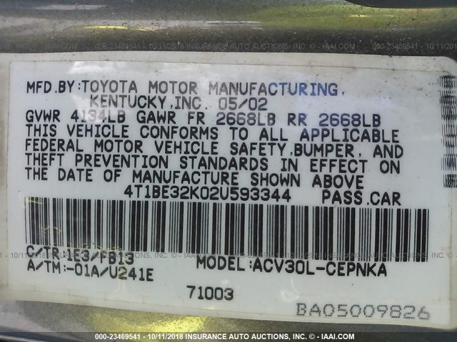 4T1BE32K02U593344 - 2002 TOYOTA CAMRY LE/XLE/SE GRAY photo 9