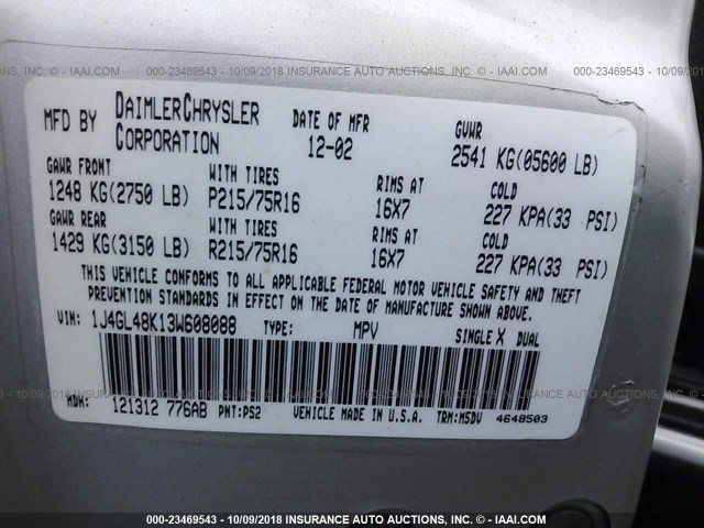 1J4GL48K13W608088 - 2003 JEEP LIBERTY SPORT/FREEDOM ვერცხლისფერი ფოტო 9