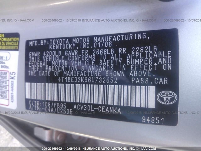 4T1BE32K96U732652 - 2006 TOYOTA CAMRY LE/XLE/SE Күміс фото 9