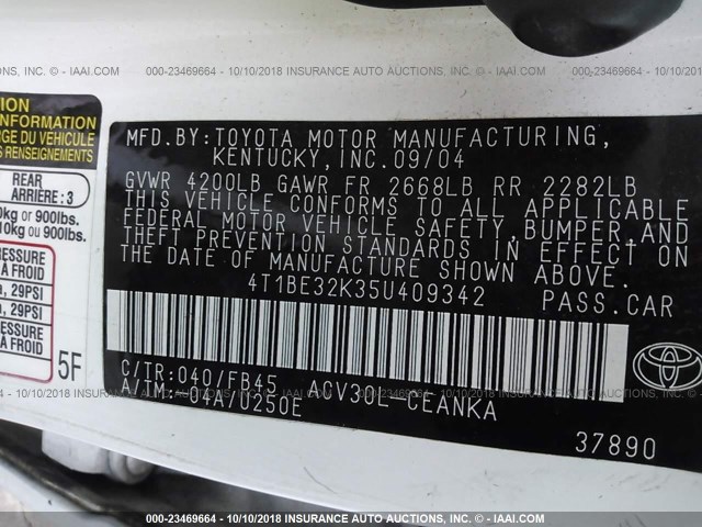 4T1BE32K35U409342 - 2005 TOYOTA CAMRY LE/XLE/SE WHITE photo 9