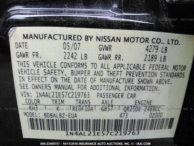 1N4AL21E57C219763 - 2007 NISSAN ALTIMA 2.5/2.5S BLACK photo 9