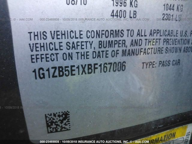 1G1ZB5E1XBF167006 - 2011 CHEVROLET MALIBU LS 灰色 照片 9