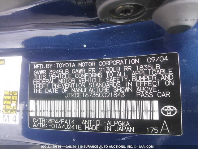 JTKDE167350021843 - 2005 TOYOTA SCION TC 蓝色 照片 9