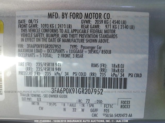 3FA6P0K91GR207952 - 2016 FORD FUSION TITANIUM SILVER photo 9