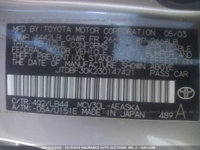 JTDBF30K230147421 - 2003 TOYOTA CAMRY LE/XLE GOLD photo 9