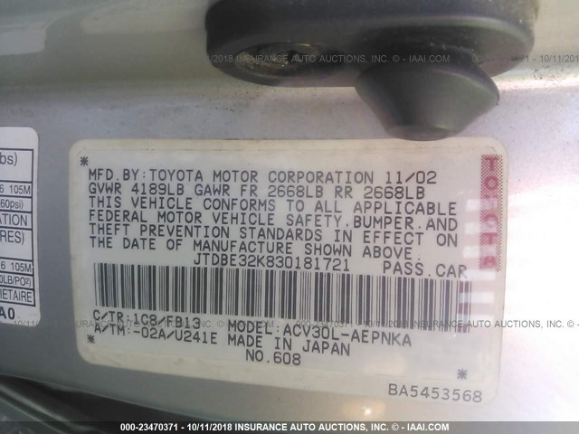 JTDBE32K830181721 - 2003 TOYOTA CAMRY LE/XLE SILVER photo 9