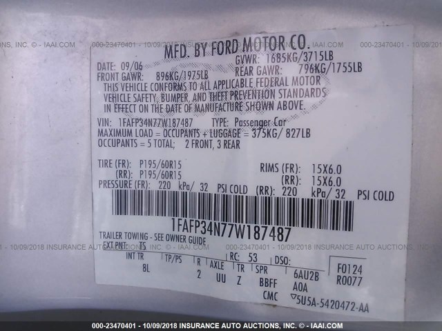 1FAFP34N77W187487 - 2007 FORD FOCUS ZX4/S/SE/SES 银色 照片 9