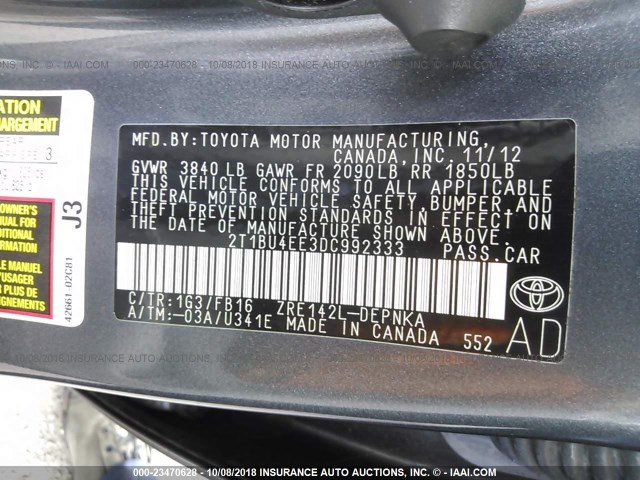 2T1BU4EE3DC992333 - 2013 TOYOTA COROLLA S/LE GRAY photo 9