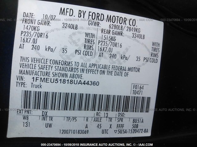 1FMEU51818UA44360 - 2008 FORD EXPLORER SPORT TR XLT BLUE photo 9