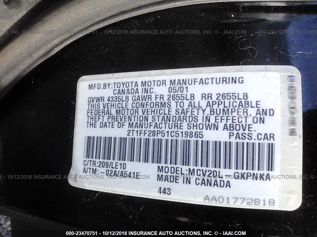 2T1FF28P51C519865 - 2001 TOYOTA CAMRY SOLARA SE/SLE შავი ფოტო 9