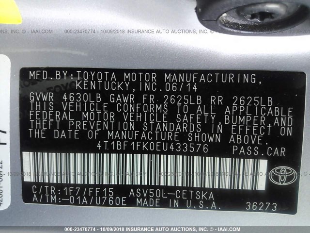 4T1BF1FK0EU433576 - 2014 TOYOTA CAMRY L/SE/LE/XLE ვერცხლისფერი ფოტო 9