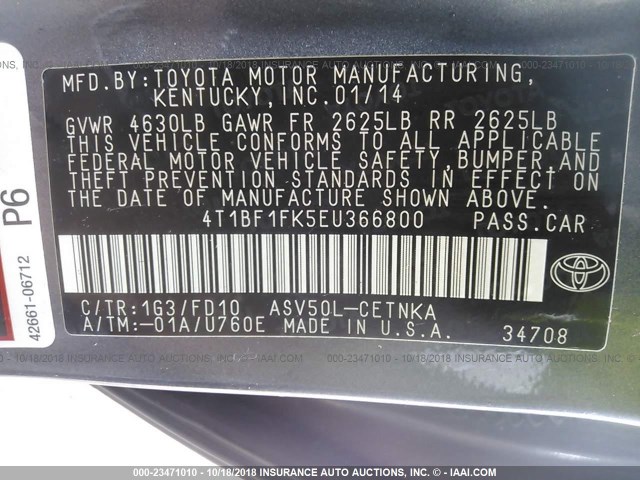 4T1BF1FK5EU366800 - 2014 TOYOTA CAMRY L/SE/LE/XLE Boz foto 9