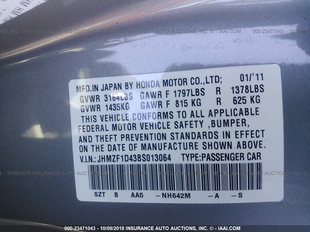 JHMZF1D43BS013064 - 2011 HONDA CR-Z SILVER photo 9