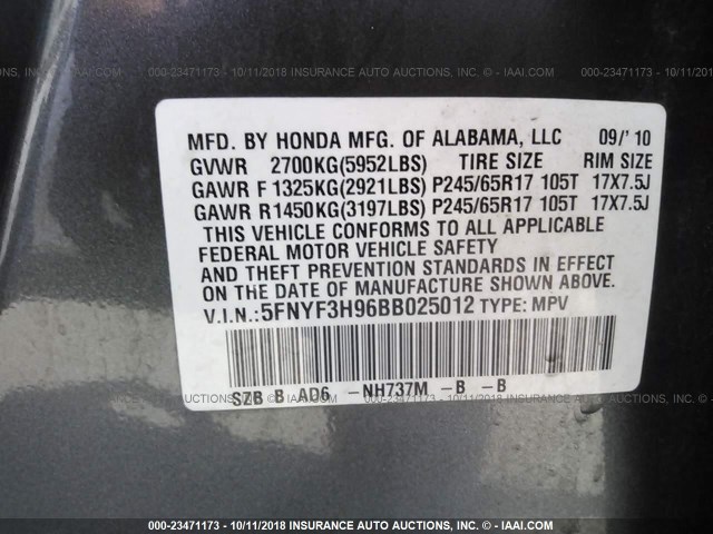 5FNYF3H96BB025012 - 2011 HONDA PILOT TOURING GRAY photo 9