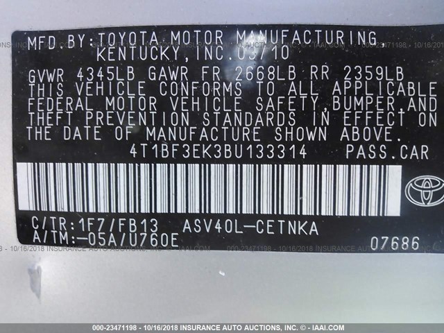 4T1BF3EK3BU133314 - 2011 TOYOTA CAMRY SE/LE/XLE 银色 照片 9