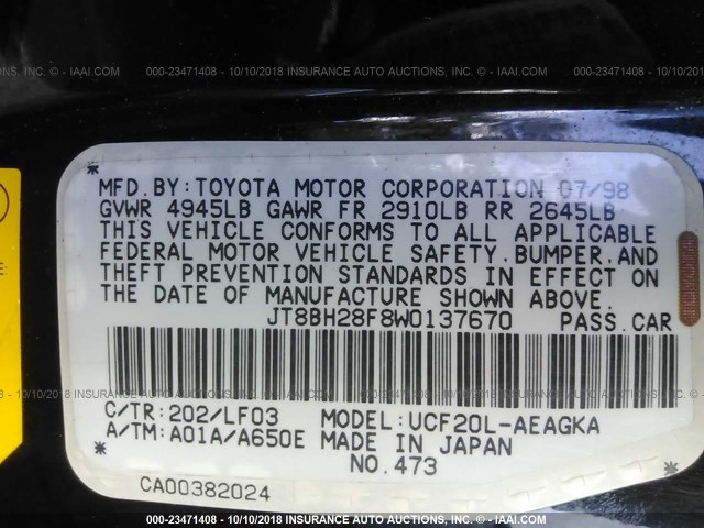 JT8BH28F8W0137670 - 1998 LEXUS LS 400 BLACK photo 9